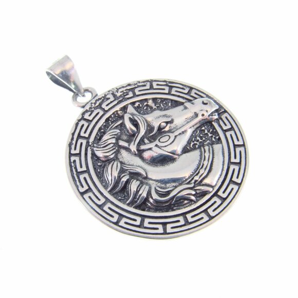 Solid 925 Sterling Silver Greek Meander Puzzle Key Horse Head Equestrian Pendant - Picture 6 of 10